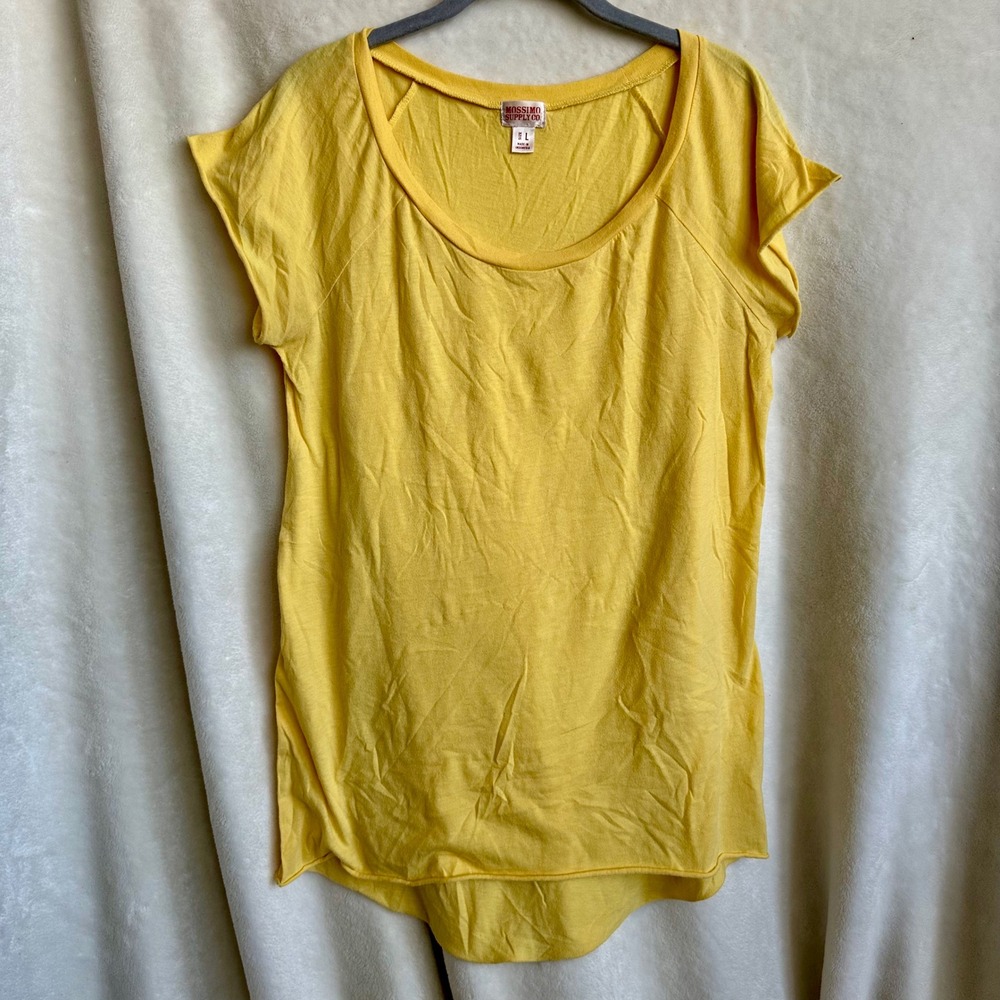 Mossimo Yellow Scoop Neck T Shirt Women L Large Cap Sleeve Slinky High Low Basic